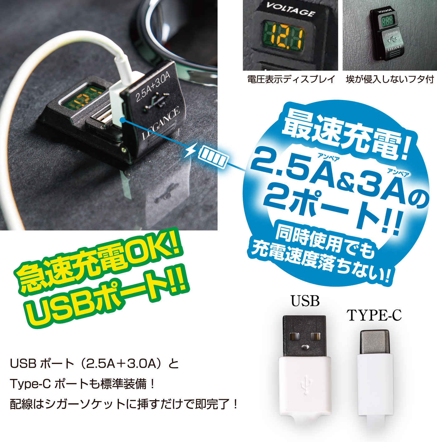 急速充電OK!USBポート!